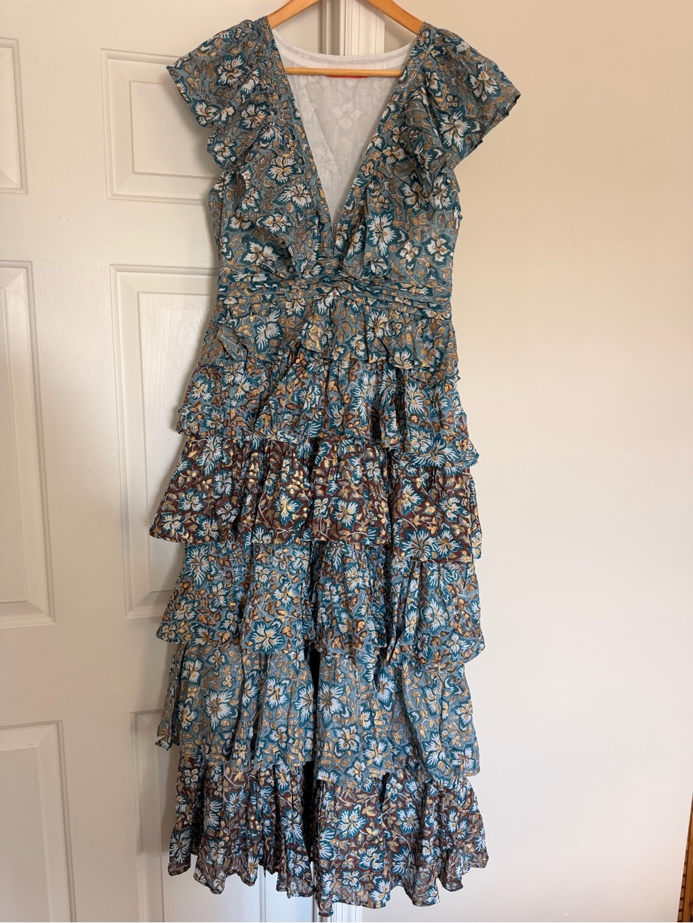 Oliphant Blue and Brown Floral Ruffle Maxi Dress
